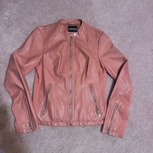 Express Salmon Faux Leather Jacket with Zippered Cuffs and Stand-Up Collar